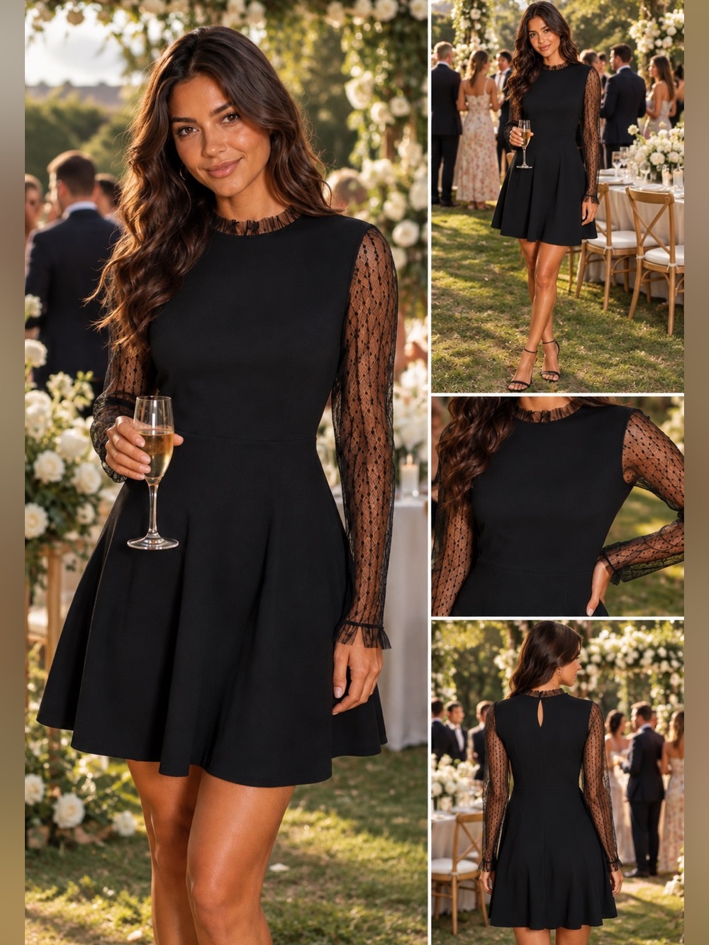 Tash + Sophie Black Fit Flare Dress Swiss Dot Mesh Sleeve Party XS Goth Chic